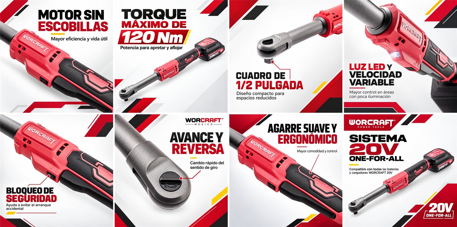 Características principales de la llave de trinquete WORCRAFT CRW-S20LiB: motor sin escobillas, torque de 120 Nm, cuadro de 1/2 pulgada, luz LED, bloqueo de seguridad, avance y reversa, agarre ergonómico y sistema 20V ONE-FOR-ALL