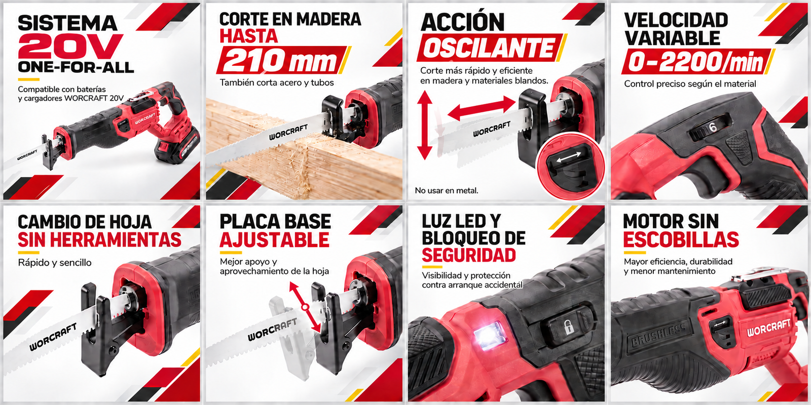 Características de la sierra sable WORCRAFT CSS-S20LiB: sistema 20V, corte de 210 mm, acción oscilante con movimiento hacia adelante, atrás, arriba y abajo, velocidad variable, cambio de hoja sin herramientas, base ajustable, luz LED, bloqueo de seguridad y motor sin escobillas