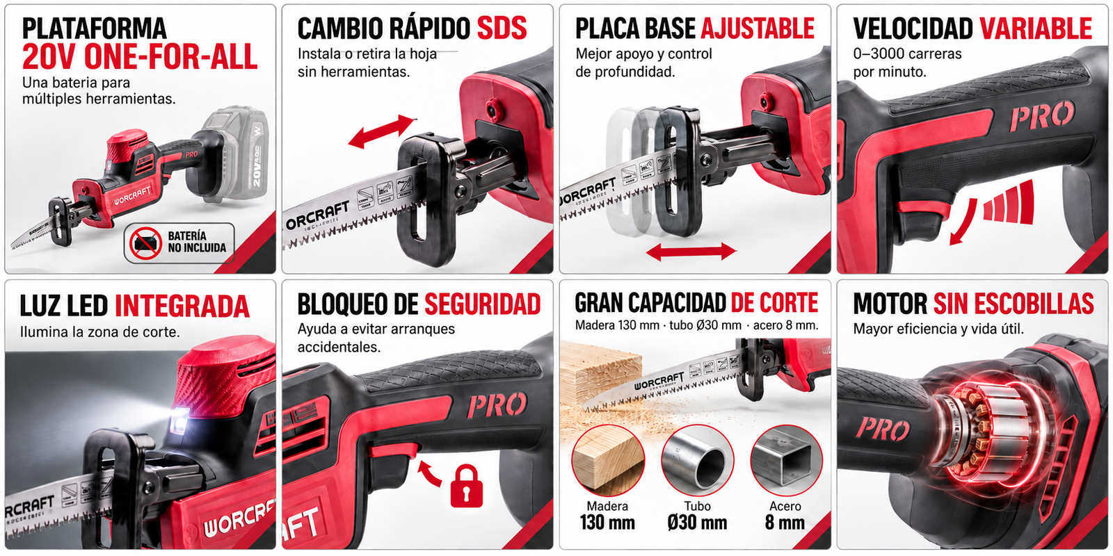 Características de la sierra sable inalámbrica WORCRAFT CSS-S20LiBA